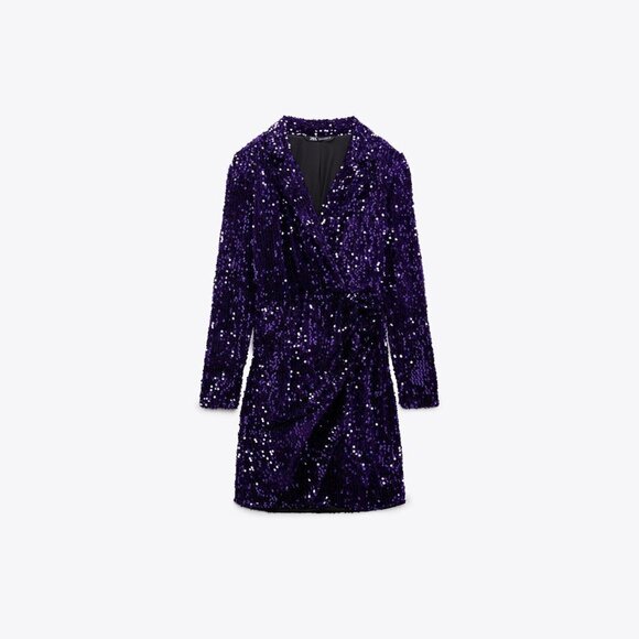 NWT Zara purple crushed velvet-like sequin blazer long sleeve short dress, S - Picture 8 of 15